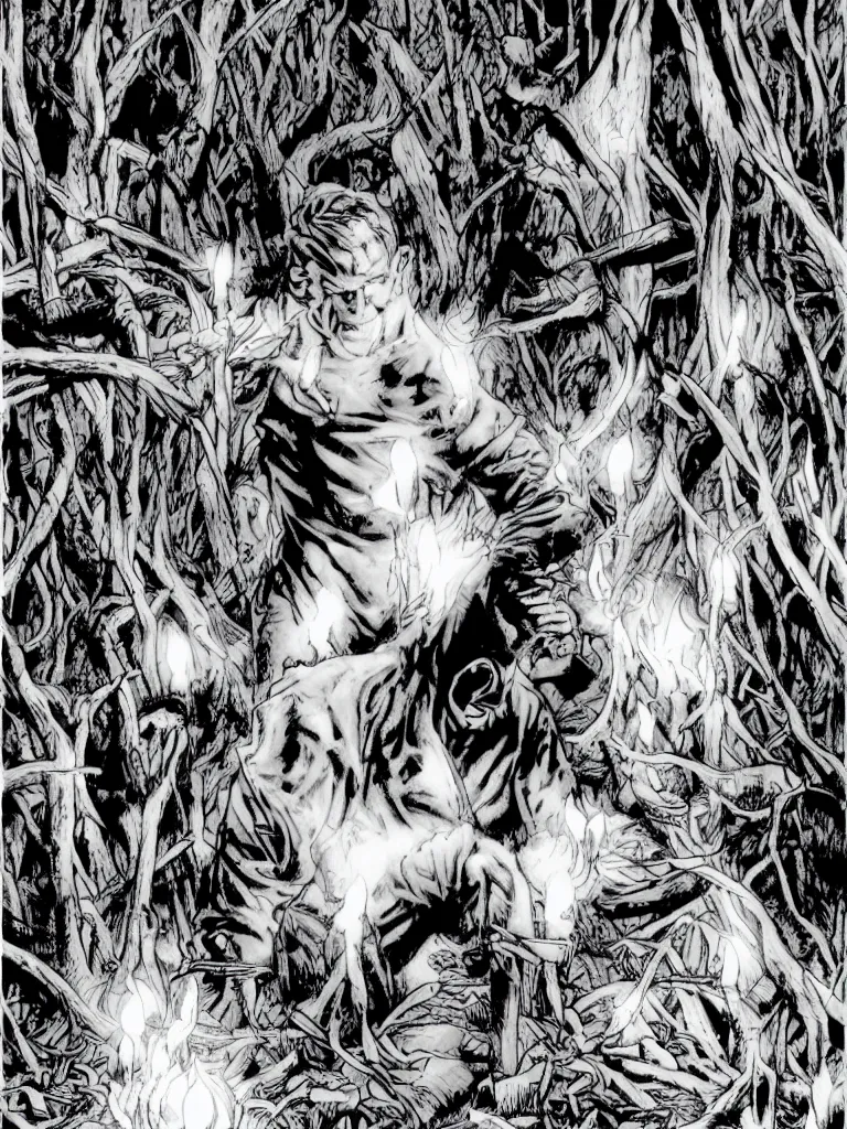 Prompt: sandman surrounded by candles in a deserted forest by lee bermejo