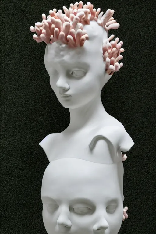 Image similar to full head and shoulders, beautiful female white, porcelain sculpture, with complex colourful plastic coral sea anemones on her head by daniel arsham and james jean, on a white background, delicate facial features, white eyes, white lashes