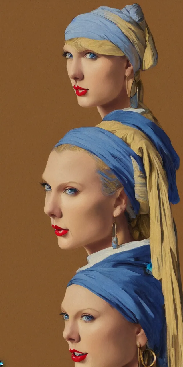 Image similar to Taylor Swift as the girl with the pearl earring, highly detailed, digital painting, artstation, concept art, smooth, sharp focus, illustration, ArtStation, art by artgerm and greg rutkowski and alphonse mucha and J. C. Leyendecker and Edmund Blair Leighton and Katsuhiro Otomo and Geof Darrow and Phil hale and Ashley wood and Ilya repin and Charlie Bowater