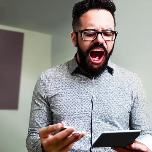 Prompt: a man checking his email while screaming