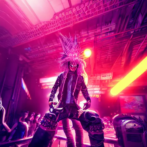 Image similar to 3 d render of a punk at a japanese metal concert in a cyberpunk world, made using maya and arnold, bright neon colors, intricate details, complementary colors, detailed face, backlighting, octane render, depth of field, extremely detailed, trending in artstation, focus on face, sharp focus, radiant light, raytraced, ray tracing, 8 k, beautiful composition