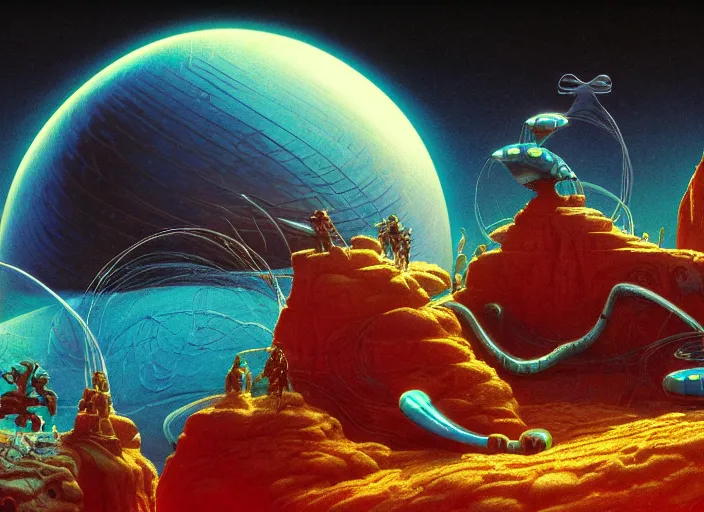 Image similar to close up photography of strange surrealist detailed glowing alien electronic-musical-instruments!! in a bryce 3d surrealist landscape biome, designed by pixar!!, Michael Whelan art directs Dune (1984), hyper detailed, photorealistic, 8k, hd