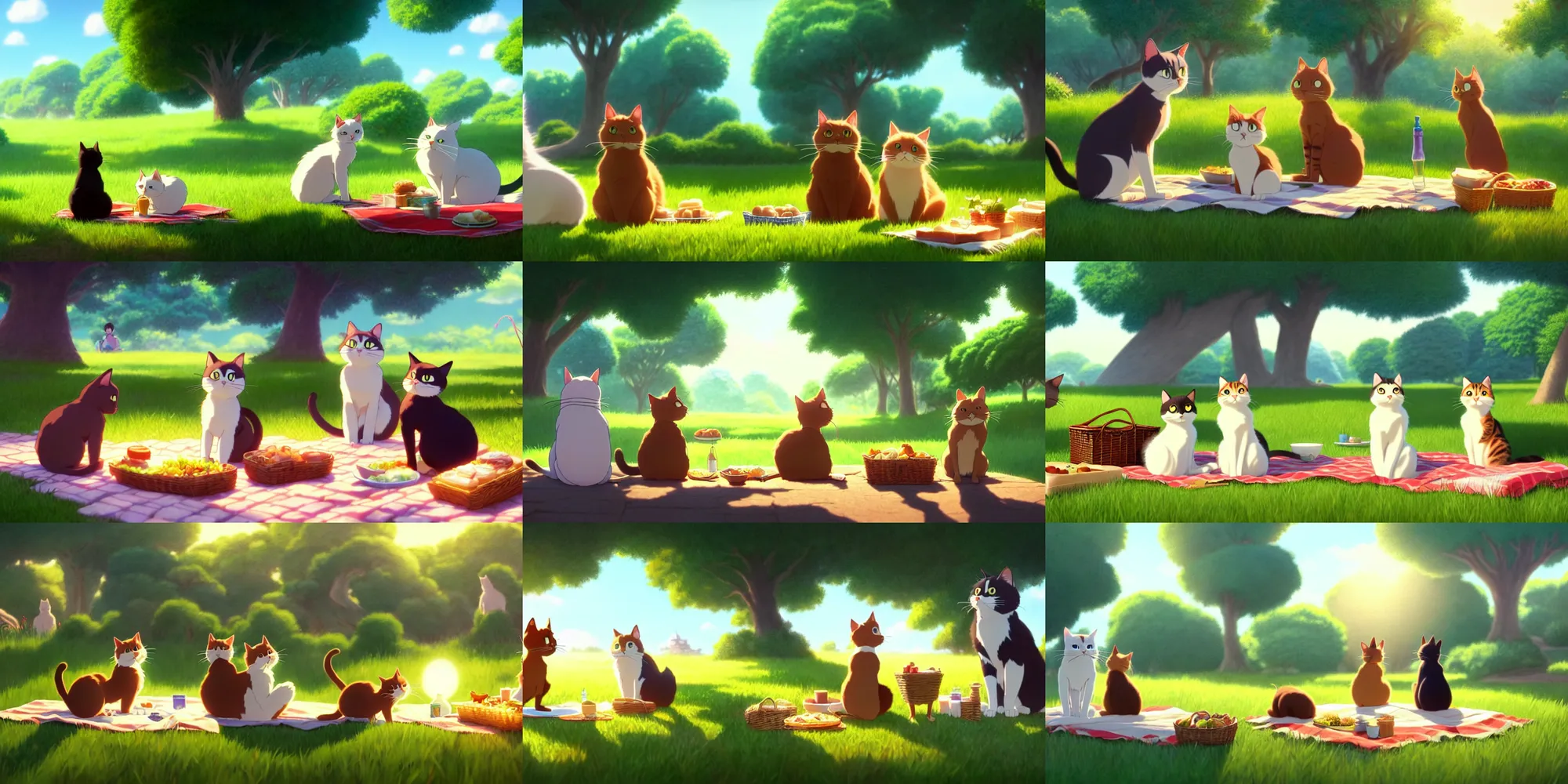 Prompt: a wholesome animation key shot of two cats on a picnic date, studio ghibli, pixar and disney animation, sharp, rendered in unreal engine 5, anime key art by greg rutkowski, bloom, dramatic lighting