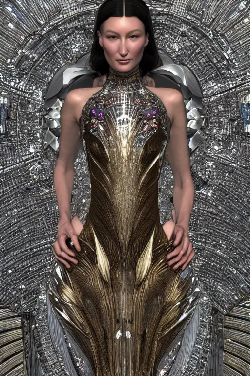 Prompt: a highly detailed metahuman 4 k render of an alien techno goddess bella hadid in iris van herpen dress schiaparelli in diamonds swarovski and jewelry in style of alphonse mucha gustav klimt trending on artstation made in unreal engine 4