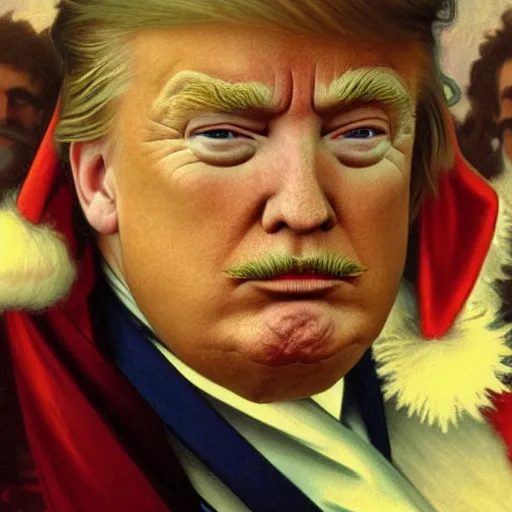 Image similar to a detailed matte portrait of donald trump as santa ana at the alamo, long twirling moustache, by alphonse mucha and albert bierstadt and thomas moran and charles russel, god rays, intricate detail, cinematic, 8 k, featured on artstation, pixiv