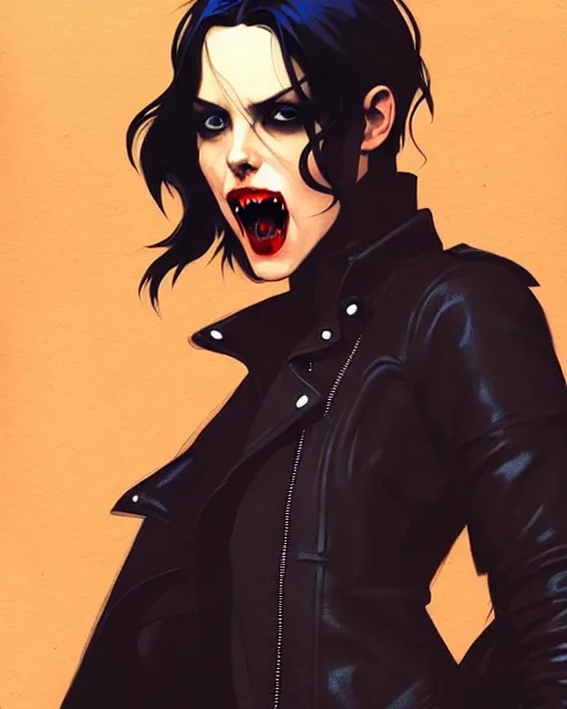 Image similar to rafael albuquerque comic art, peter mohrbacher, phil noto, steve niles, artgerm, pretty willa holland vampire sharp vampire teeth open mouth, symmetrical eyes, black leather jacket, jeans, long black hair