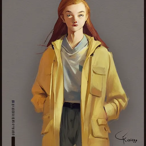 Image similar to a highly detailed epic cinematic concept art CG render digital painting artwork costume design: a teenage Sadie Sink in a 1950s man's coat and hoodie. muted colors with some yellow accents. By Greg Rutkowski, Ilya Kuvshinov, WLOP, Stanley Artgerm Lau, Ruan Jia and Fenghua Zhong, trending on ArtStation, made in Maya, Blender and Photoshop, octane render, excellent composition, cinematic atmosphere, dynamic dramatic cinematic lighting, aesthetic, very inspirational, arthouse