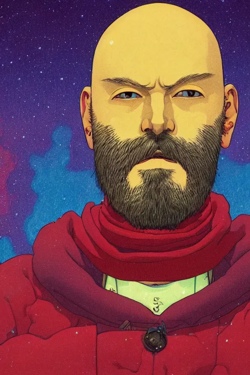 Prompt: a colorful closeup portrait of a bald long bearded man, dreaming psychedelic hallucinations in the vast icy landscape of antarctica, by kawase hasui, moebius and edward hopper, colorful flat surreal design, hd, 8 k, artstation