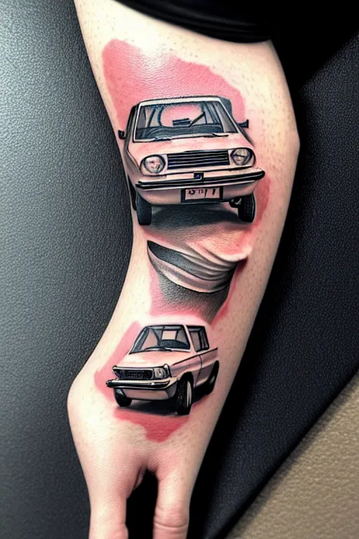 Image similar to tattoo of lada car in mans hand, realistic, modern, intricate, elegant, highly detailed, digital painting, artstation, concept art, addiction, chains, smooth, sharp focus, illustration, art by ilja repin