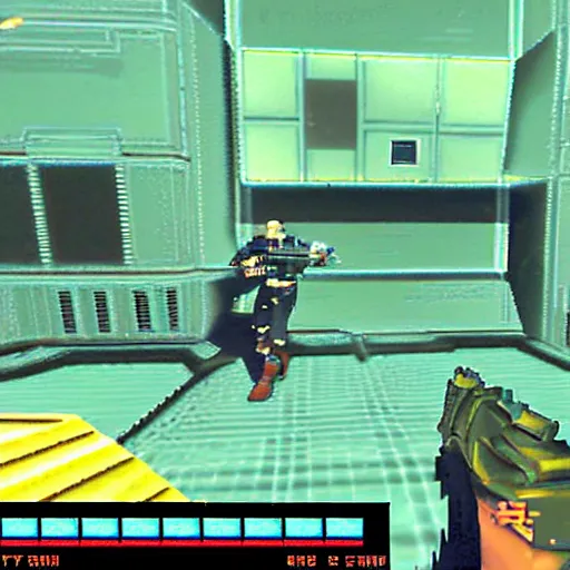 Image similar to first - person shooter, sci - fi first - person - shooter on nintendo 6 4, 1 9 9 9 graphics, low poly graphics, crt tv