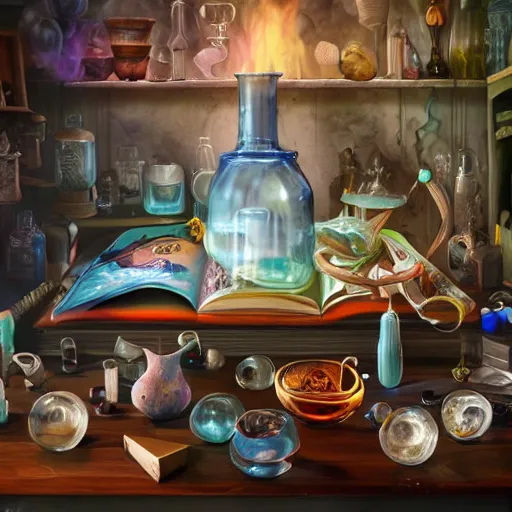 Image similar to hyper real, table, wizards laboratory, lisa parker, tony sart, mortar, pestle, scales, energy flowing, magic book, beakers of colored liquid