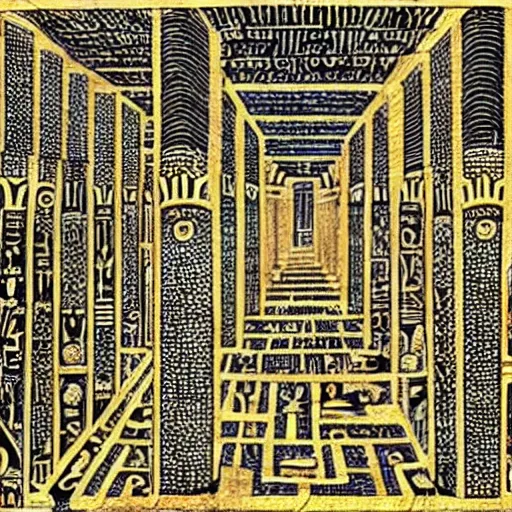 Image similar to interior of a black evil egyptian hieroglyphic labyrinth, hidden eyes everywhere, highly detailed and intricate