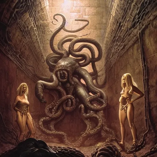 Image similar to encounter with medusa gorgon in a dungeon, d & d, fantasy, greg rutkowski, frank frazetta, alexandre chaudret, boris vallejo, michael whelan, miro petrov, hr giger, magali villeneuve, donato giancola