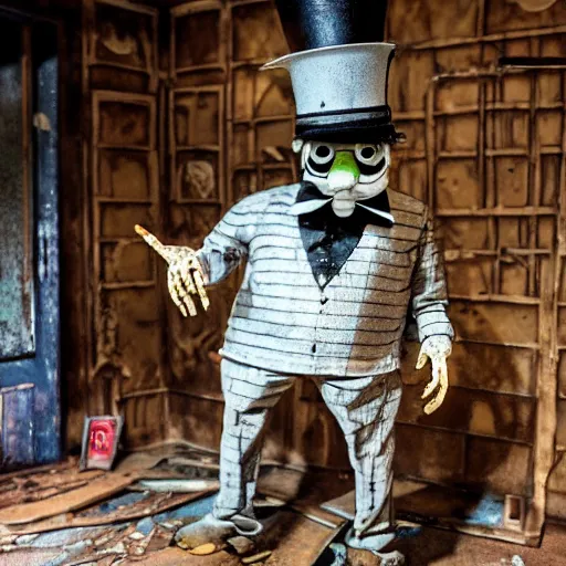 Image similar to Creepy Mr Monopoly animatronic, rusted and abandoned, far away, dark, ominous lighting