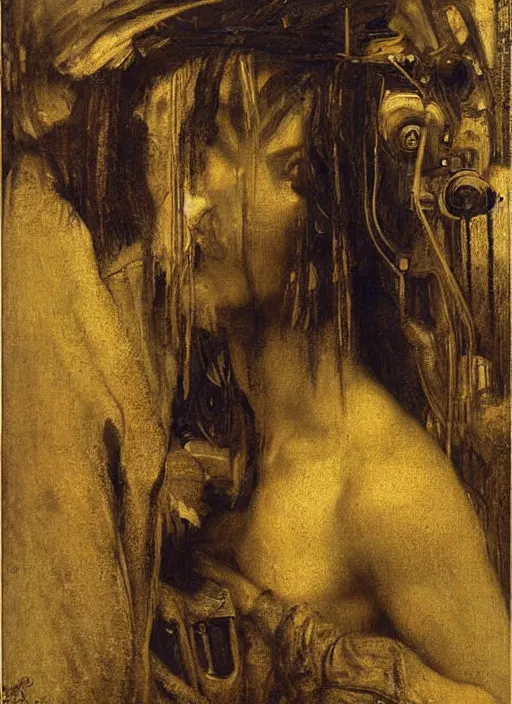 Image similar to portrait of beautiful connected to machine, complex, award - winning, by benjamin - constant, jean - joseph