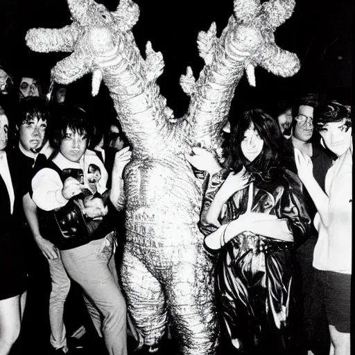 Image similar to godzilla partying at studio 5 4 b & w grainy photograph lots of celebrities including andy warhol