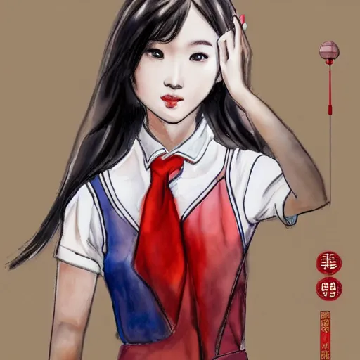 Image similar to a perfect, realistic professional digital sketch of a Chinese schoolgirl posing, in style of Marvel, full length, by pen and watercolor, by a professional American senior artist on ArtStation, a high-quality hollywood-style sketch, on high-quality paper