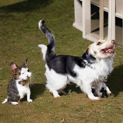 Prompt: A dog scaring a cat scaring a mouse.