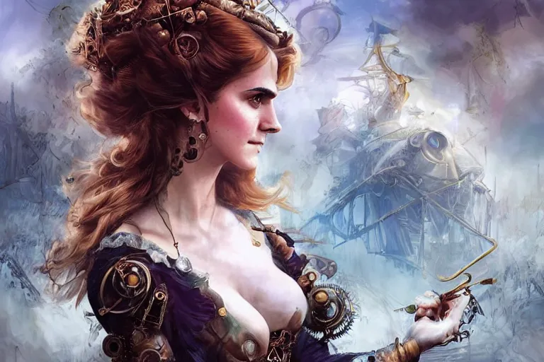 Image similar to three-quarters pose portrait of Emma Watson as a beautiful Lady Mechanika, very beautiful young woman, ginger wavy hair, Victorian-era push-up underwire. Intricate, steampunk imagery themed, D&D!, fantasy style, sharp focus!, ultra detailed, art by Artgerm and Peter Andrew Jones