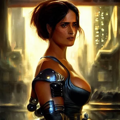 Image similar to salma hayek in a cyberpunk city bar wearing impractical female armour, perfect proportions, beautiful face, perfect eyes, real life colors, elegant, sharp focus, hyper - realistic, 4 k, highly detailed, hd, dramatic lighting by brom