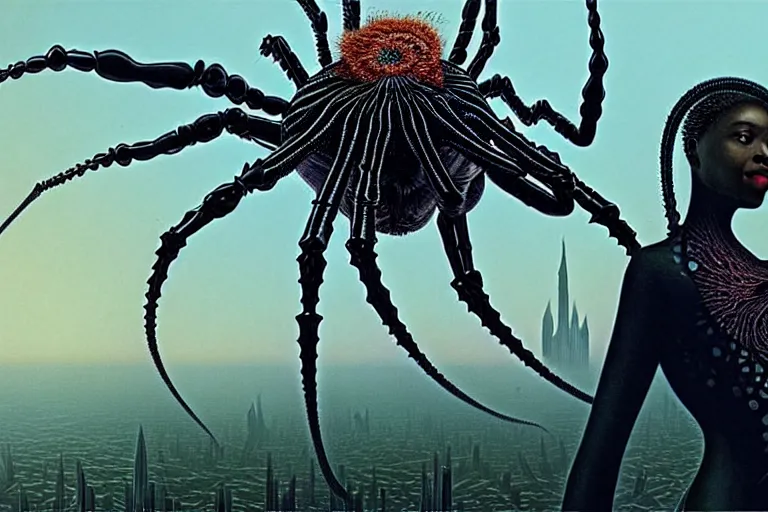 Image similar to realistic detailed photorealistic closeup portrait movie shot of a beautiful black woman riding a giant spider, dystopian city landscape background by denis villeneuve, amano, yves tanguy, alphonse mucha, ernst haeckel, jean delville, david lynch, edward robert hughes, roger dean, cyber necklace, rich moody colours, cyber patterns, wide angle