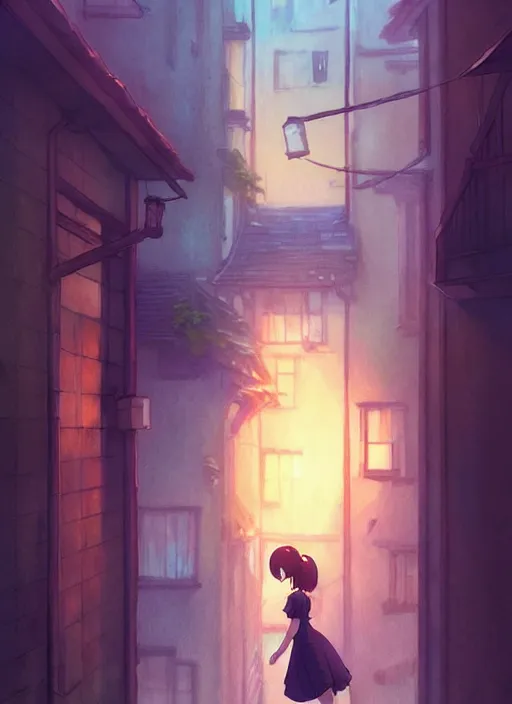 Image similar to boy kiss girl from a window where vine around. sad night, narrow street. illustration concept art anime key visual trending pixiv fanbox by wlop and greg rutkowski and makoto shinkai and studio ghibli