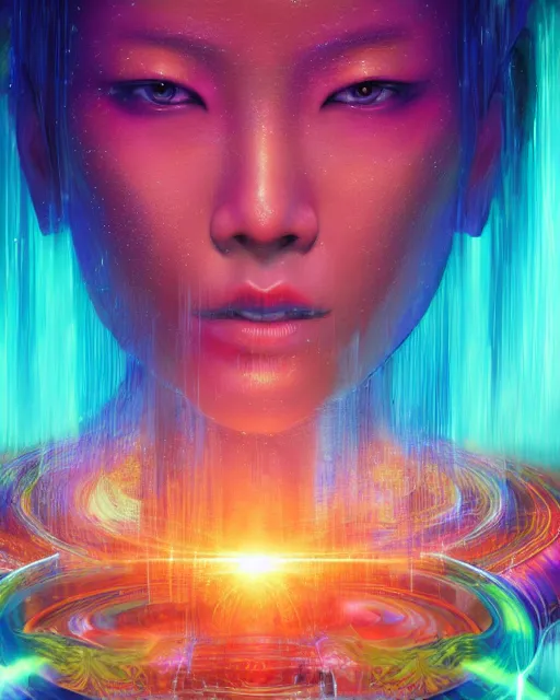 Image similar to a powerful energy psychedelic matrix asian woman, by alexander fedosav, hyper detailed digital matte painting, concept art, hyperrealism, 1 6 k resolution, cinema 4 d, 8 k resolution, trending on artstation, behance hd, a masterpiece, by stephan martiniere, particles, cel - shaded, power bright neon energy, by david a. hardy,