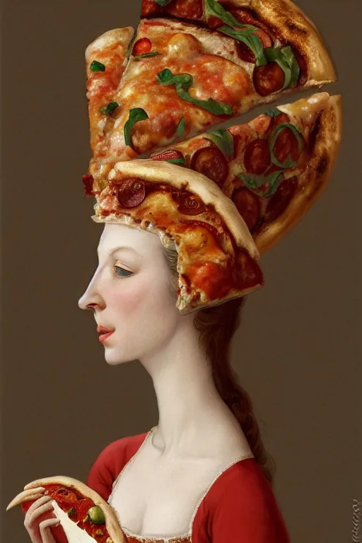 Prompt: a highly detailed queen margherita ( savoy ) eating!!! a pizza! margherita, full body, detailed painting by arturo faldi, trending on deviantart, octane, masterpiece