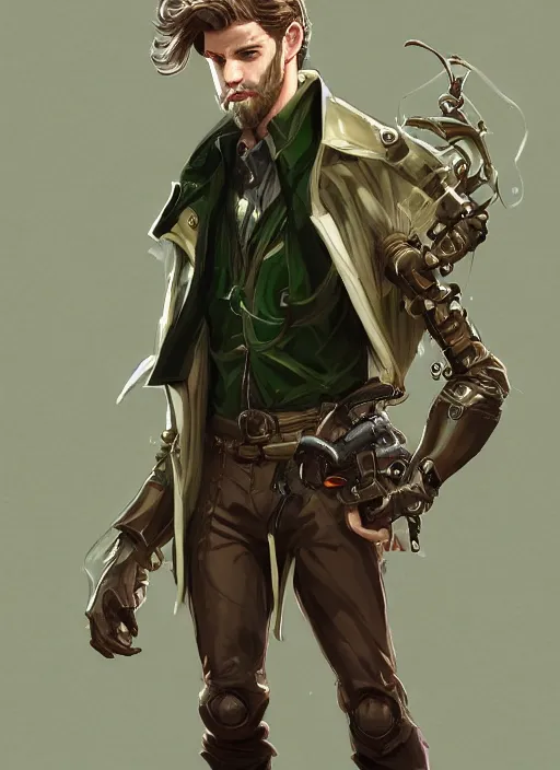 Prompt: a highly detailed illustration of thick wavy brown haired young white guy wearing brown detective trench coat and wearing dark green mask, with long mechanical arms on his back, dramatic standing pose, intricate, elegant, highly detailed, centered, digital painting, artstation, concept art, smooth, sharp focus, league of legends concept art, WLOP
