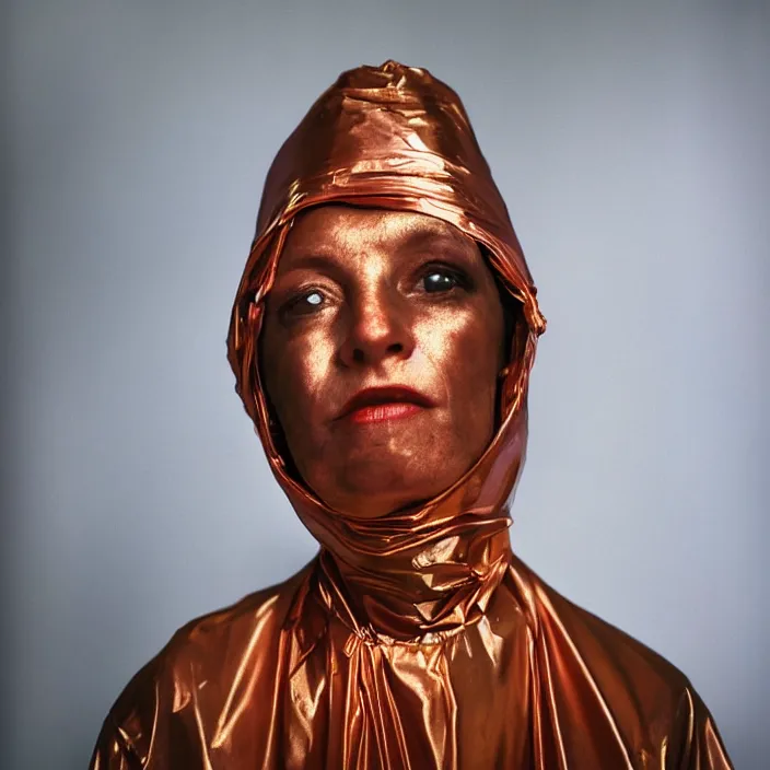 Image similar to closeup portrait of a woman wrapped in copper cellophane, standing in an abandoned factory, color photograph, by paula rego, canon eos c 3 0 0, ƒ 1. 8, 3 5 mm, 8 k, medium - format print