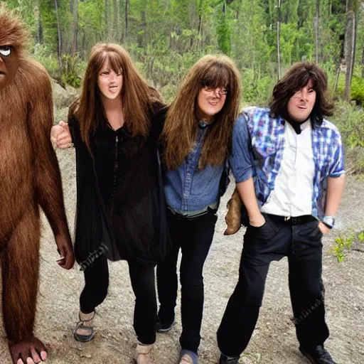 Image similar to women are Sasquatch playing in a rock band