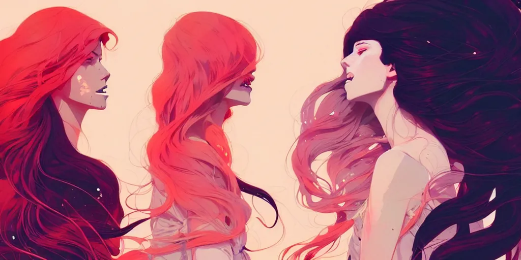 Image similar to a ultradetailed beautiful panting of two stylish woman with flowing hair standing back to back, by conrad roset, greg rutkowski and makoto shinkai, trending on artstation