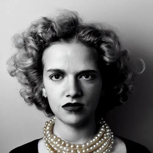 Image similar to symmetrical human portrait of lisa simpson with pearl necklace and with blonde curly hair, grainy high contrast black and white photography photo print ilford warm tone