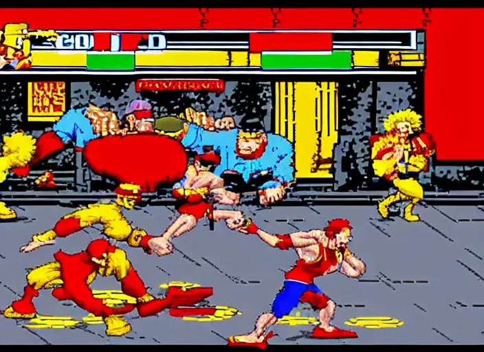 Image similar to screenshot of ronald mcdonald, white face, red afro, red nose and yellow outfit as an enemy in streets of rage video game, sega genesis video game