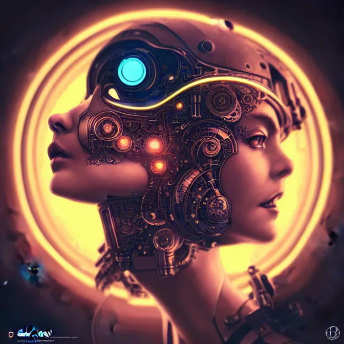 Prompt: illustration on a round badge!!!, cute cyborg girl, illustrated by greg rutkowski and h. r. giger, 3 5 mm lens, beautiful macro close - up imagery, vibrantly lush neon lighting, beautiful volumetric - lighting - style atmosphere, a futuristic atmosphere, intricate, ultra detailed, photorealistic imagery, trending on artstation