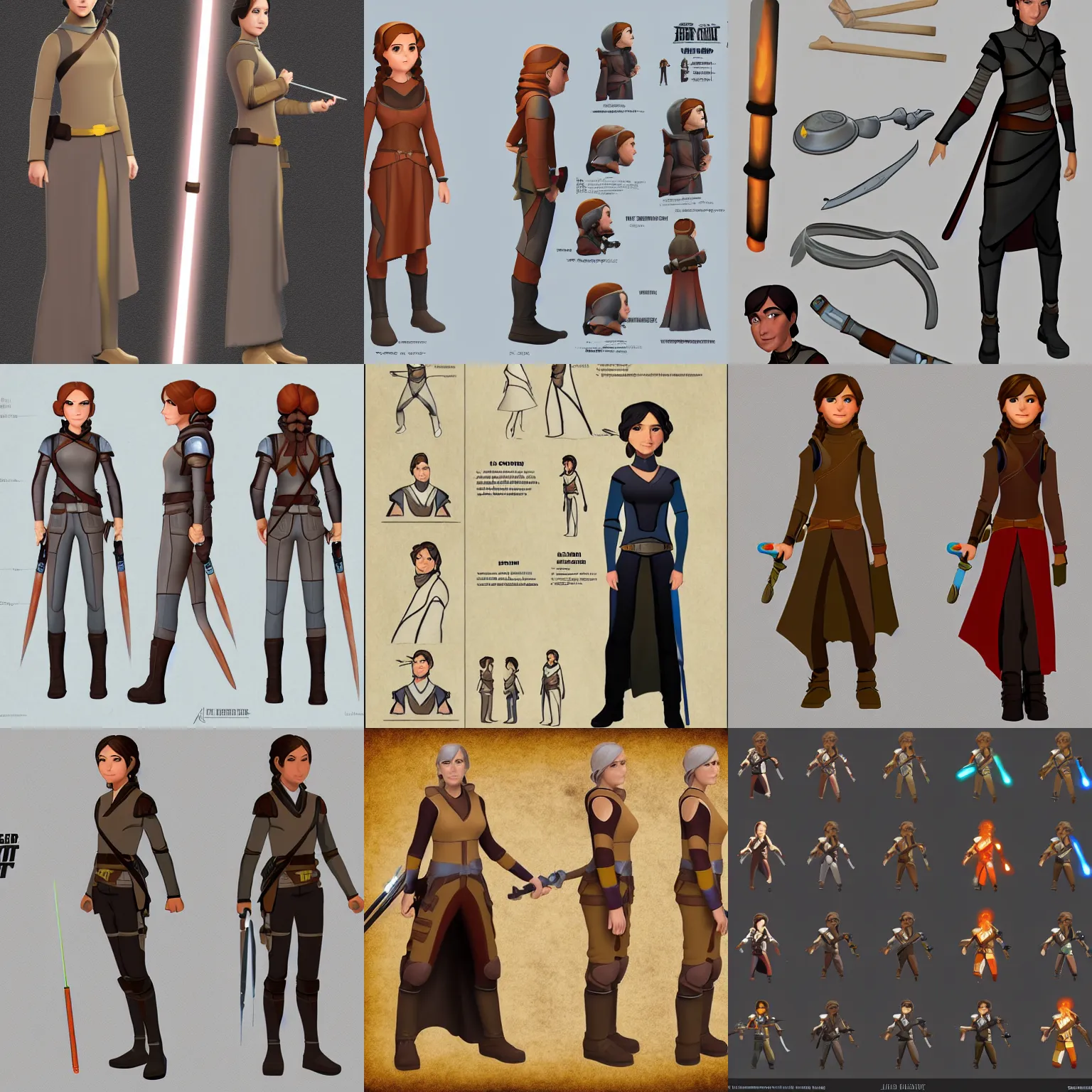 Prompt: Jedi Knight Katniss Everdeen, pixar character model sheet turnaround, studio, trending in Artstation, official media, 4K HD, by Bill Presing