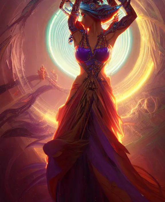 Image similar to a whirlwind of souls rushing inside the metaverse, half body, glowin eyes, tiara with sapphire, pharaoh, android, cyberpunk, d & d, fantasy, intricate, elegant, highly detailed, colorful, vivid color, digital painting, artstation, concept art, art by artgerm and greg rutkowski and alphonse mucha and ruan jia