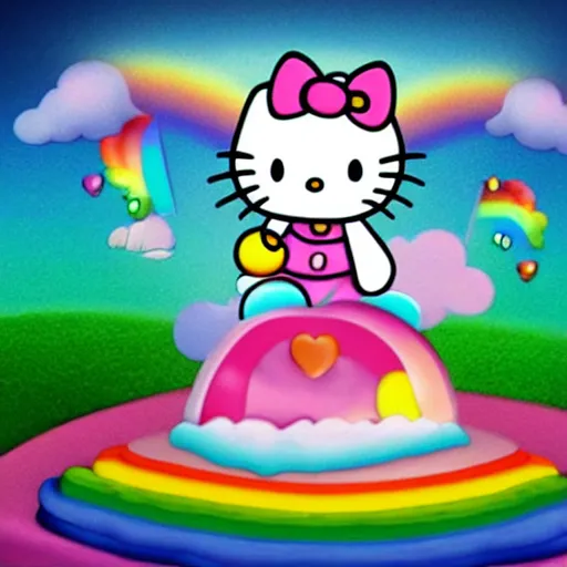 Prompt: Hello kitty riding a unicorn over a rainbow,