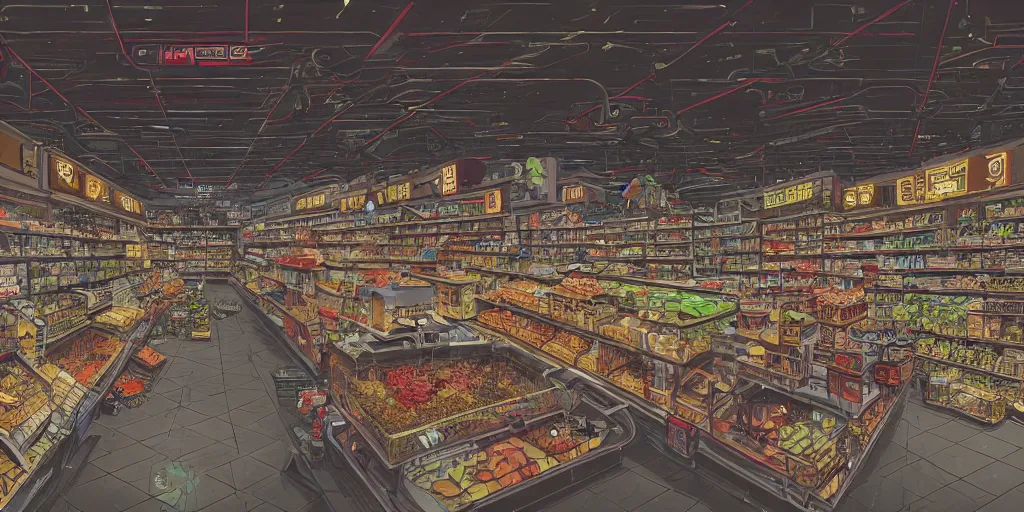 Prompt: cyberpunk grocery store overview mapa design, Moebius, Greg Rutkowski, Zabrocki, Karlkka, Jayison Devadas, Phuoc Quan, trending on Artstation, 8K, ultra wide angle, pincushion lens effect