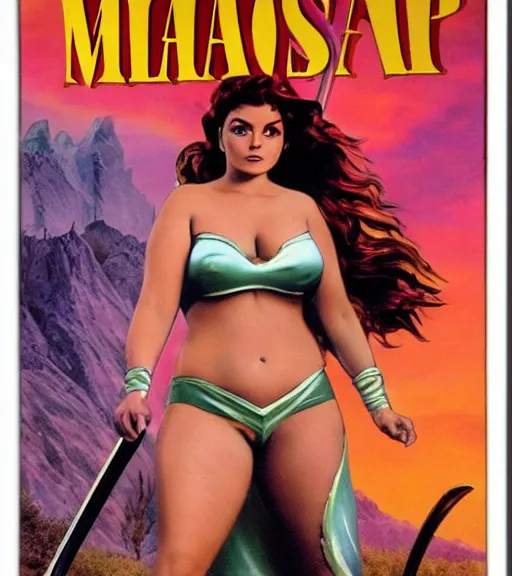 Prompt: 1 9 8 0 s fantasy novel book cover, plus size amazonian ariel winter in extremely tight bikini armor wielding a cartoonishly large sword, exaggerated body features, dark and smoky background, low quality print