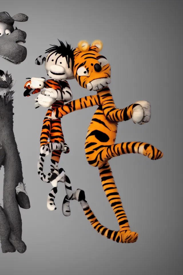 Prompt: calvin and hobbes as realistic adults on crack, octane render