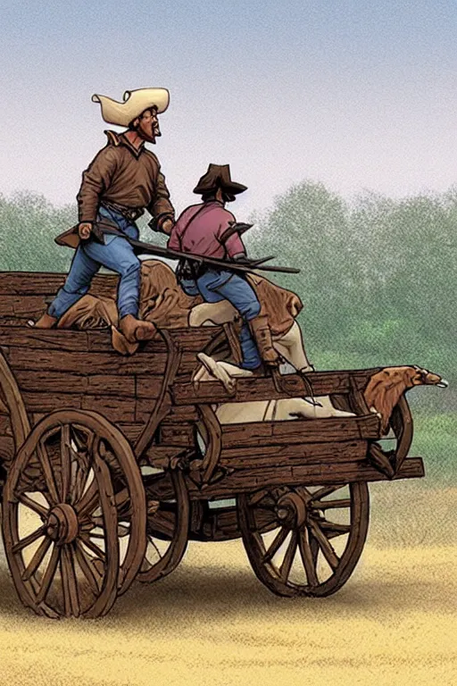 Prompt: a ( ( ( ( ( ( ( ( knight ) ) ) ) ) ) ) ) riding a wagon!!!!!!!!!!!!!! by greg darrow and greg rutowski, muted colors, detailed