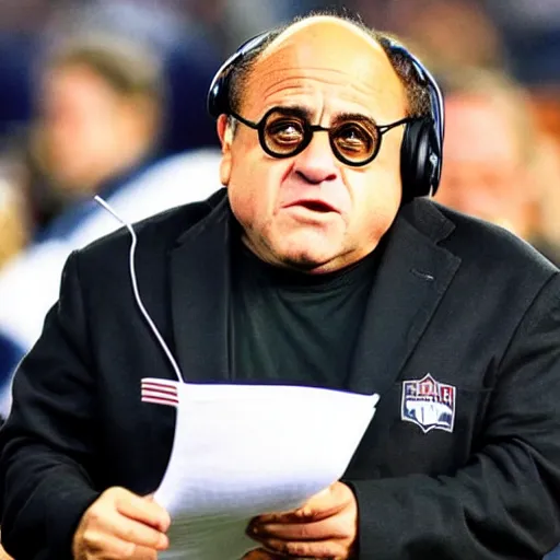 Image similar to danny devito as a nfl football coach, angry, clipboard