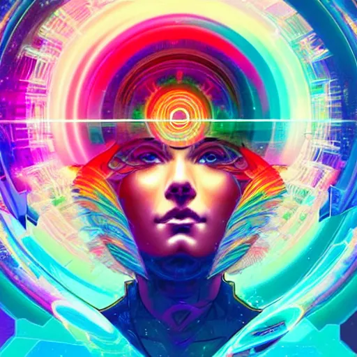 Image similar to a netrunner vortex mandala, vaporwave aesthetic, colorful, psychedelic, digital painting, artstation, concept art, smooth, sharp focus, illustration, art by artgerm and greg rutkowski and alphonse mucha