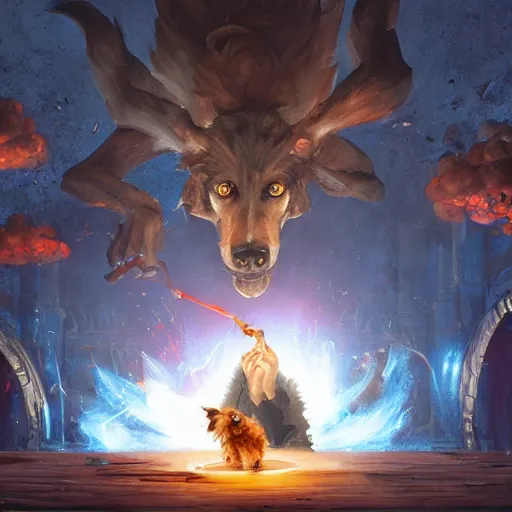 Image similar to Dog, Anthropomorphized, casting epic spell, magic the gathering artwork, D&D, fantasy, cinematic lighting, centered, symmetrical, highly detailed, digital painting, artstation, concept art, smooth, sharp focus, illustration, volumetric lighting, epic Composition, 8k, art by Akihiko Yoshida and Greg Rutkowski and Craig Mullins, heroic pose, oil painting, cgsociety, magic lab background