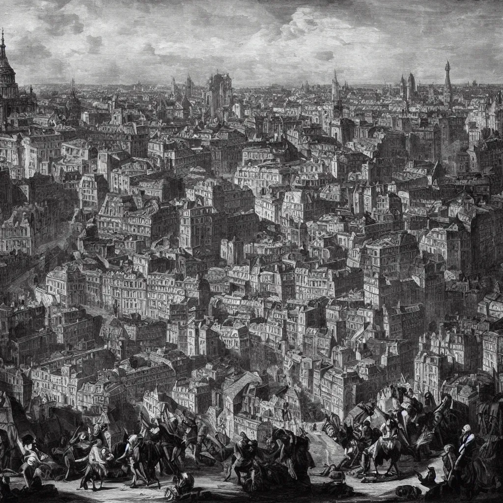 Prompt: Black and white Sebastião Salgado style photograph of 18th-century Paris during the Reign of Terror, ultrarealistic, ambient lighting, flickr