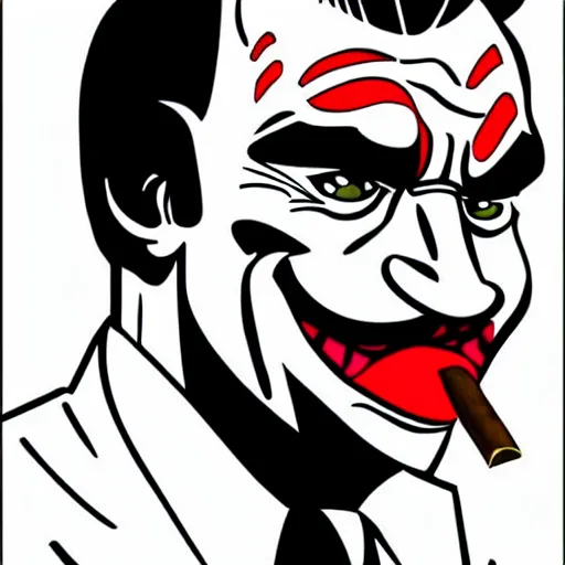Prompt: Arnold Schwarzenegger as Joker smoking a cigar, cartoon style, looney tunes