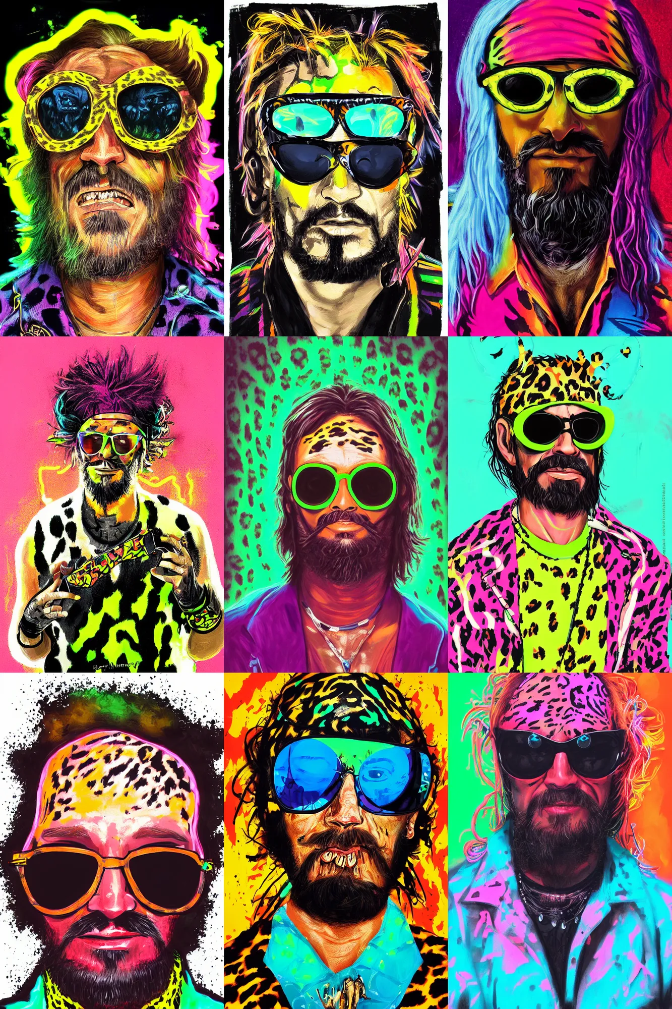 Prompt: portrait of Matcho Man Randy Savage, wearing sunglasses, neon leopard print clothes, by Anato Finnstark
