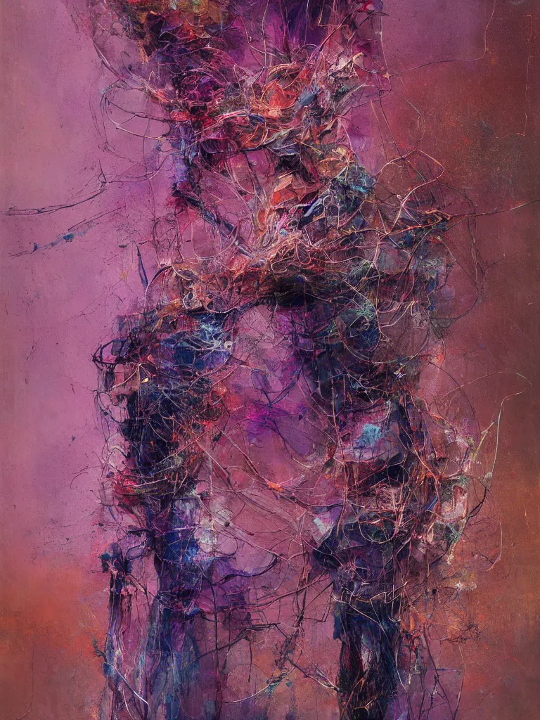 Prompt: a beautiful abstract painting by ramon chirinos of a glitched human nervous system, color bleeding, pixel sorting, copper oxide material, brushstrokes by jeremy mann, studio lighting, pastel purple background, square shapes