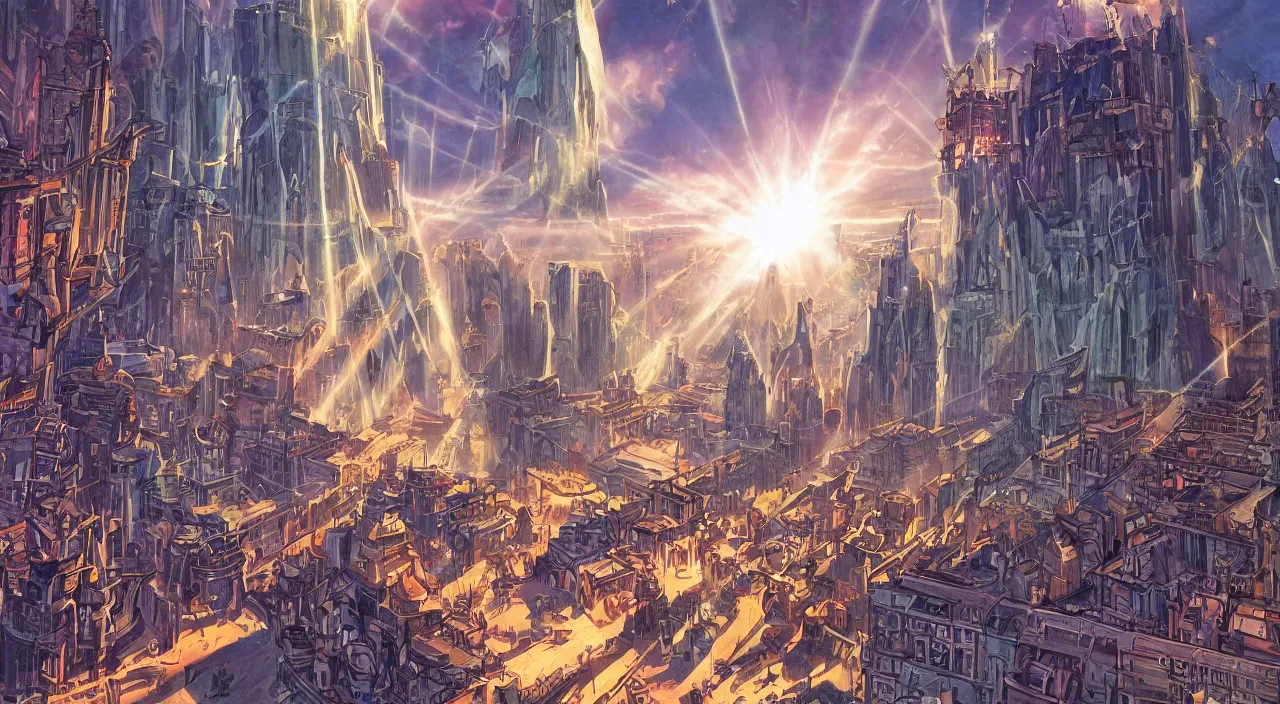 Image similar to fortress accadamy of tower cristal a spectacular view cinematic rays of sunlight comic book illustration, by john kirby